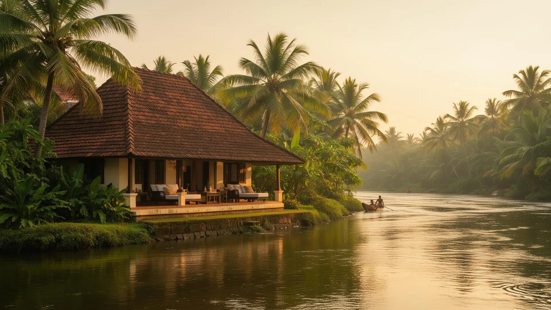 Koodathai Riverview Homestay nestled by a calm Kerala river at golden hour